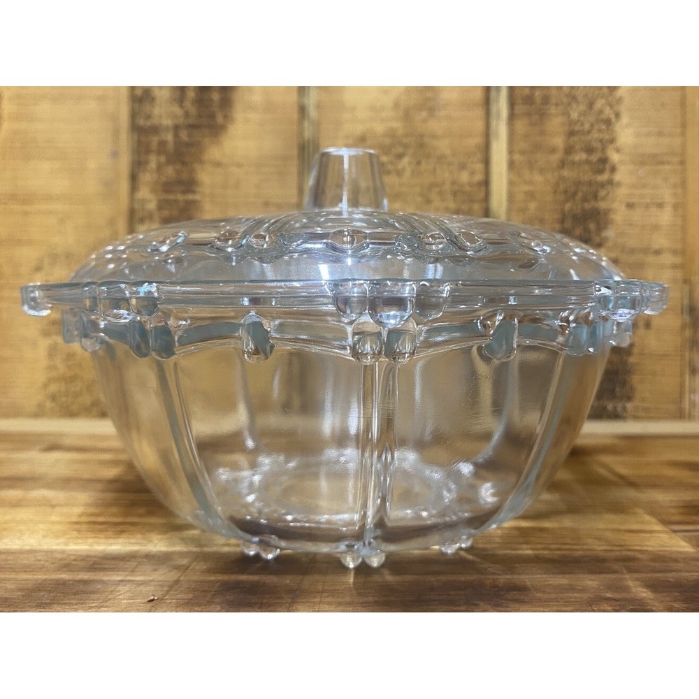 Vintage Candy Dish with Lid Beaded‎ Panel Design KIG Indonesia Clear Glass 7"